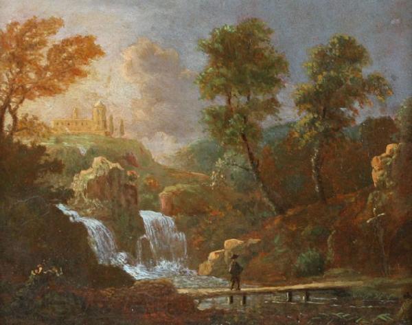 Willem van Bemmel Landschap figuur op een brug bij een waterval